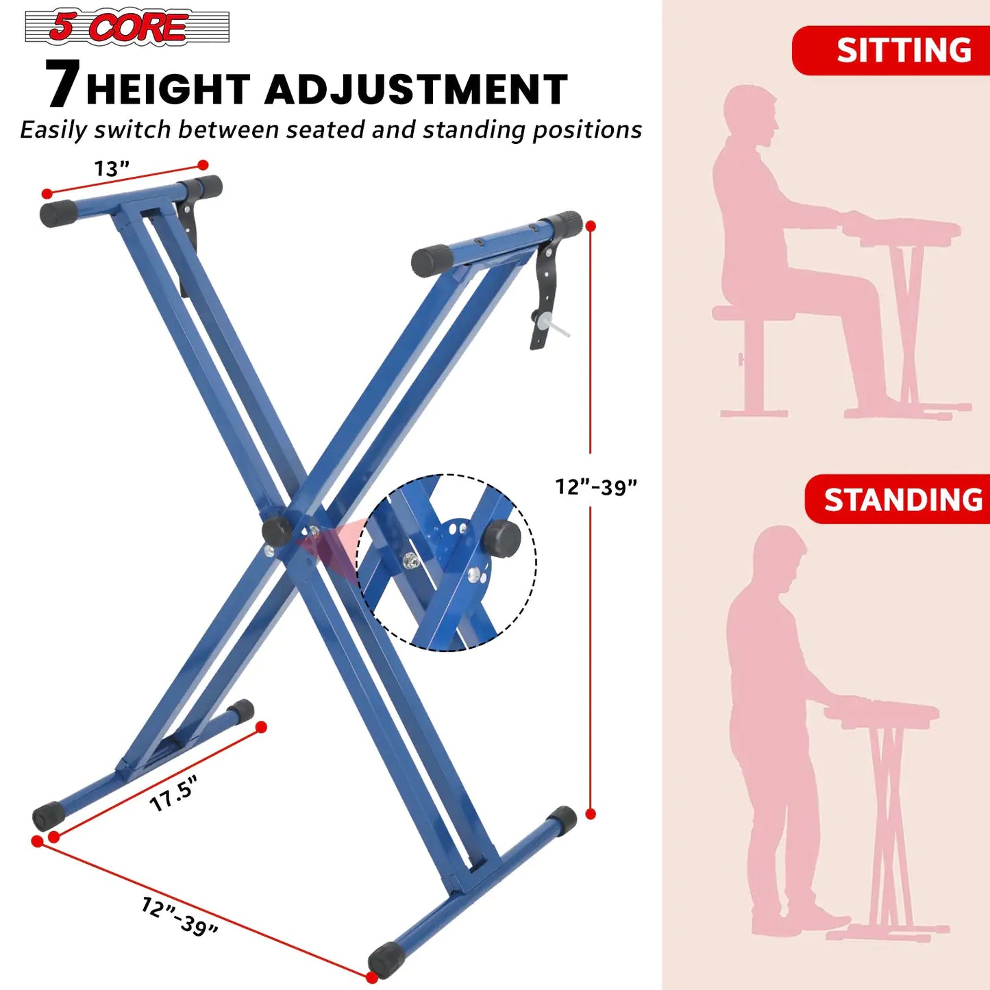 5Core Keyboard Stand Double X Style Adjustable Lift Piano Riser For 49 To 88 Keys BLUE