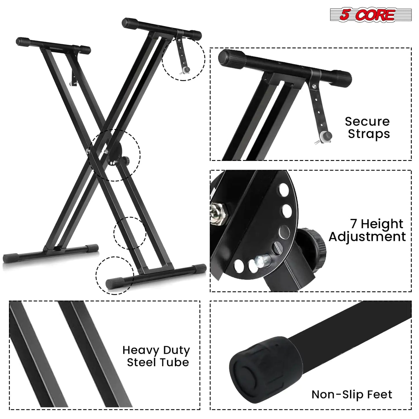 5Core Keyboard Stand Double X Style Adjustable Lift Piano Riser For 49 To 88 Keys BLACK