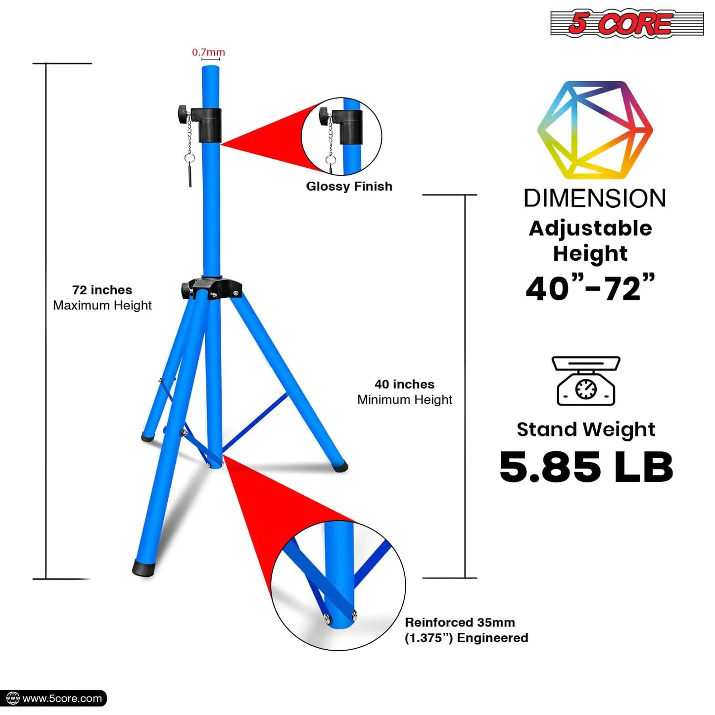 5Core Speaker Stand Tripod Tall Adjustable 72 Inch DJ Pole Mount Studio Monitor Stands SKY BLUE